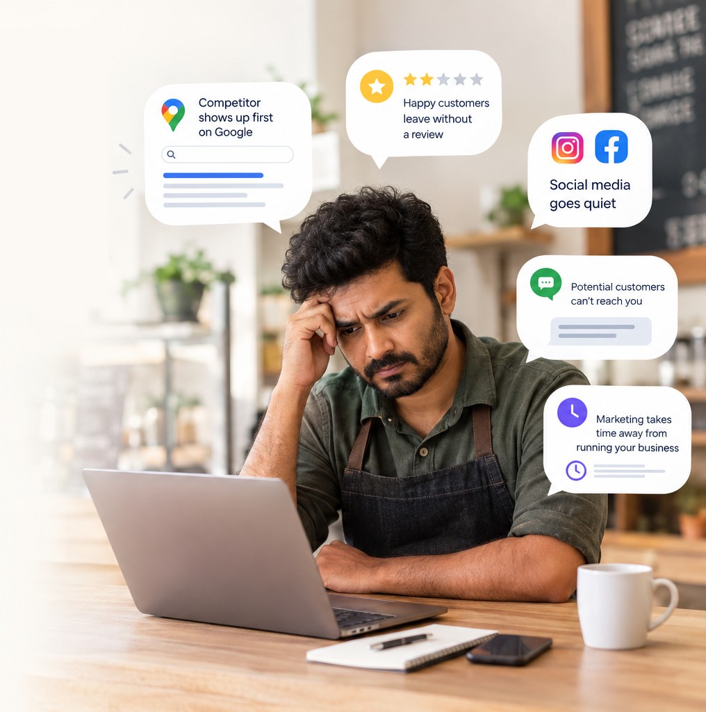 A local business owner is worried on how to grow online, surrounded by notes: a competitor shows up first on Google, happy customers leave without a review, social media goes quiet, potential customers can't reach you, and marketing takes time away from running the business.
