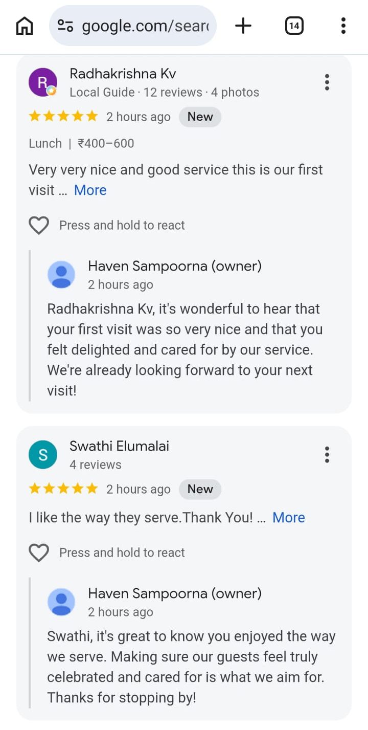 Haven Sampoorna on Google: Fresh reviews, owner replies within hours